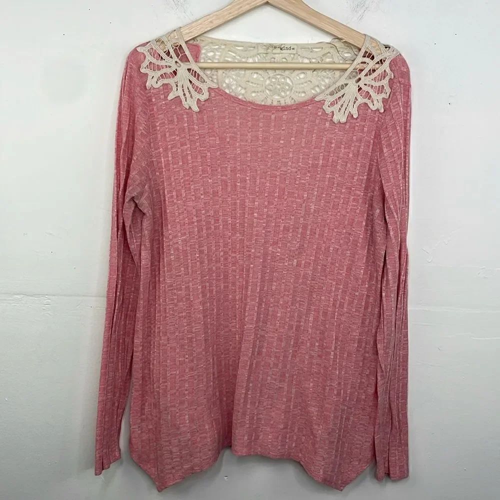 Rewind Boho Pink Crochet Detail Ribbed Long Sleeve top XL cottagecore